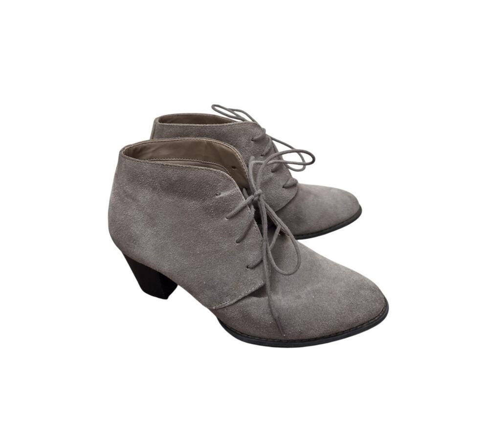 Vionic Greige Suede Zenda Lace Up Heeled Ankle Booties, Women's 7.5 Wide